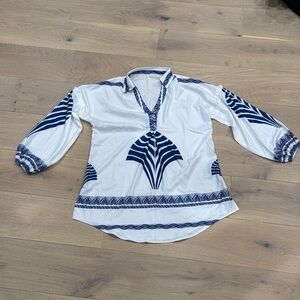 White and Blue Graphic Polo Swim Coverup
